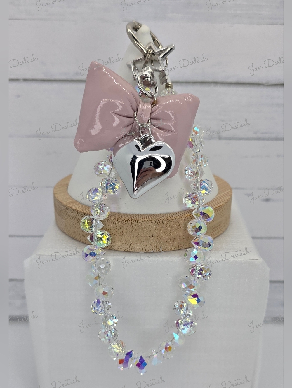 Iridescent Beaded Pink Bow & Silver Heart Phone/Key Lanyard CH4377